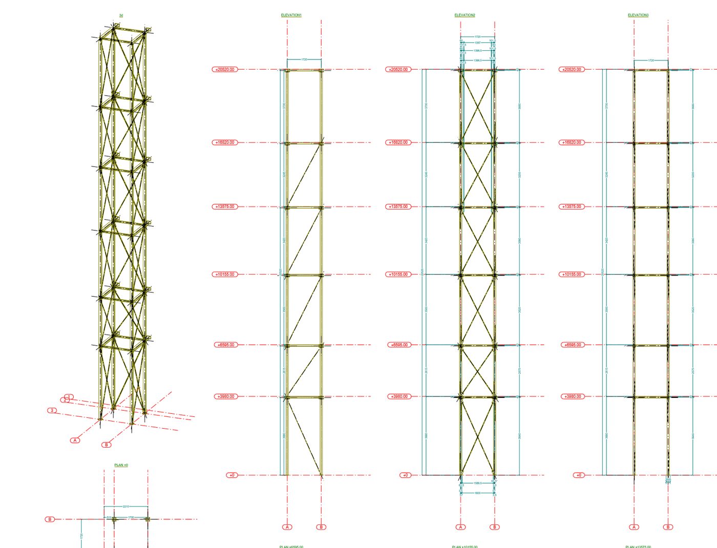 Charpente métallique de la gaine d'ascenseur : vue 3D et élévations jusqu'à +20,52 m