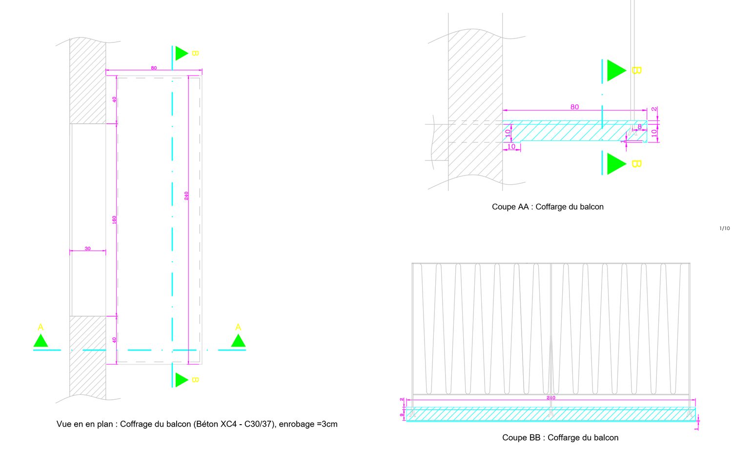 Coffrage du balcon, vue en plan et coupes